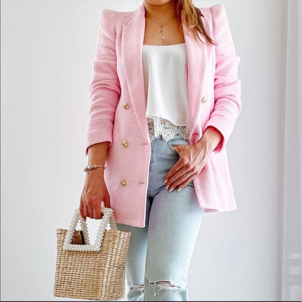 Zara Pink Textured Blazer with Gold Button Details Blogger Fave Size Small